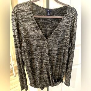 GAP Black and Grey Marbled Tunic Top with Faux Wrap Front, Large